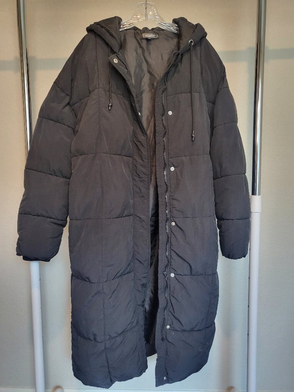 MISSGUIDED Puffer Coat Black Size 6 Hooded Full Length